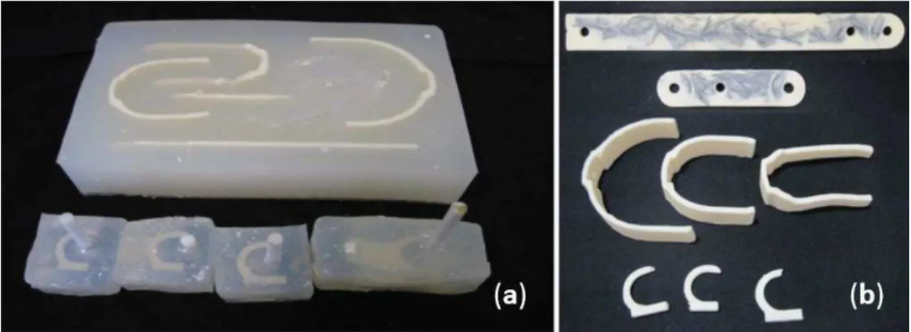 Figure 5. Casting process: (a) Silicone mold illed; (b) Resin parts.