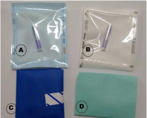 Figure 3. Pictures of the packaging studied. (A) = paper-plastic; (B) = Tyvec-plastic; (C) = SMS; and (D) = crepe paper