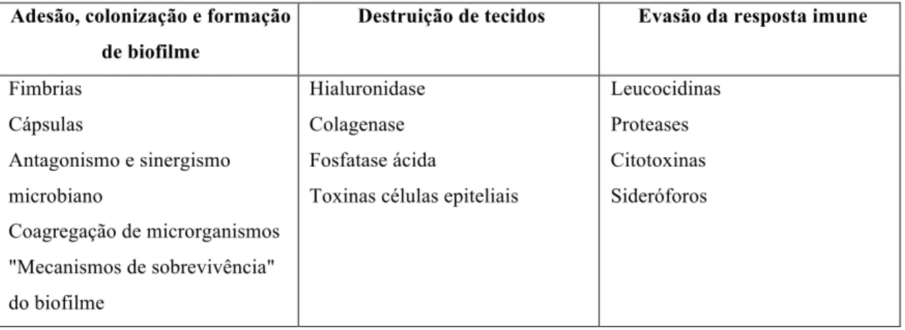 Tabela  2.  Factores  de  virulência  dos  microrganismos  associados  à  doença  periodontal  (adaptado  de  Samaranayake, 2006)