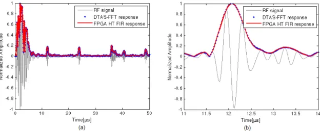Figure 4. Comparison between the simulation and experimental results. (a) Original input RF signal and comparison between the HT envelope  information simulated in Matlab by the DTAS-FFT method and processed by the HT FIR hardware implementation in the FPG