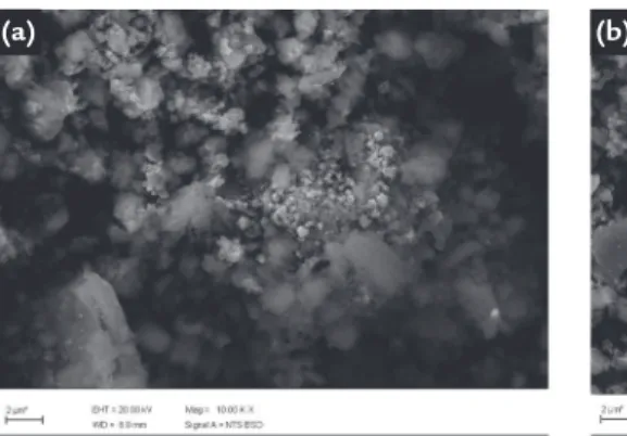 Figure 3 Photomicrographs of compositions  1 (a) and 2 (b) after 15 hours of milling.