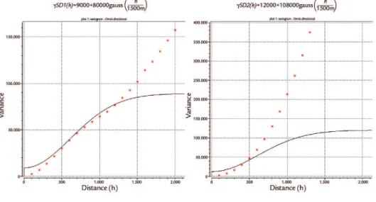 Figure 3 Signed distances experimental  variograms and their respective models.