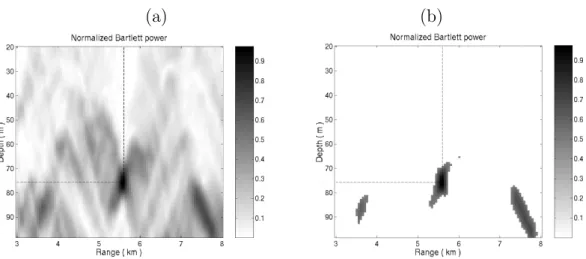 Figura 1.6: (a) Superf´ıcie de ambiguidade obtida com o processador de frequˆ encias cruzadas, para dados simulados com SNR = 50 dB, e (b) vers˜ ao binariamente filtrada, com 328 valores n˜ ao-nulos.