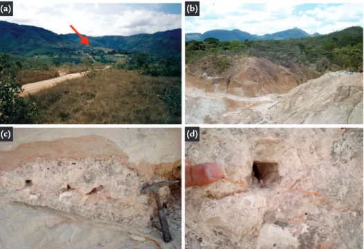 Figure 3 (a). Panoramic view of the Caxambu  farm area (Gouveia County), showing a  flattened area where Basal Complex rocks  outcrop, surrounded by quartzite hills of  the Espinhaço Supergroup (red arrow 