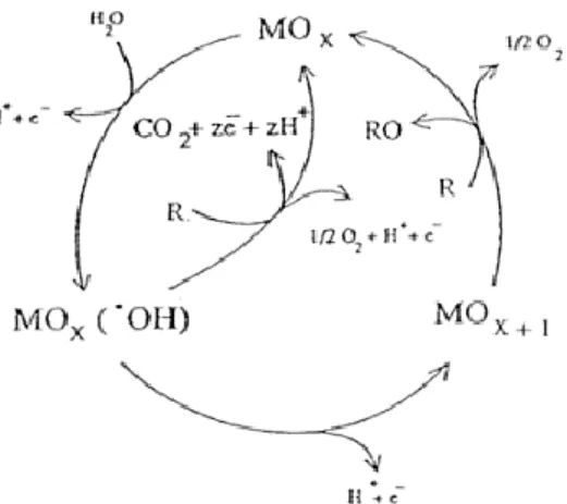 Figura 2.1- Mecanismo de reacções que ocorrem na electrodegradação entre os poluentes e os materiais  elétrodos (MO x ) (Comninellis, 1994)