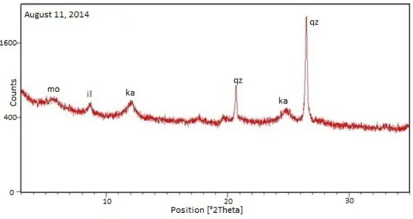 Figure 9. Typical diffractogram of  the dry period, where il is Ilita, ka is Kaolinite, mo is Montmorillonite and qz is Quartz.