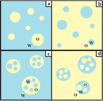 Figura  5  -  Representação  da  estrutura  da  emulsão:  a)  O/W,  b)  W/O,  c)  W/O/W  e  d)  O/W/O (adaptado de Bouyer et al., 2012).