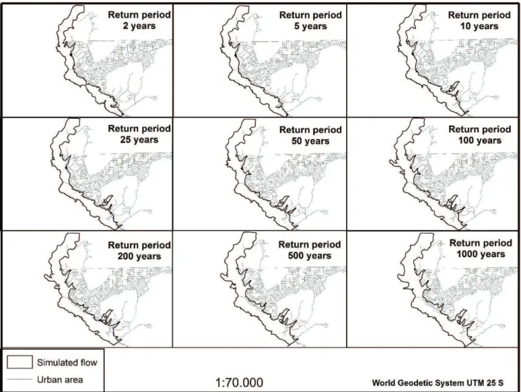 Table 7 - Values of  the Manning coeficient for the Rio Mundaú reach lowing through the Rio Largo township (sections from  upstream to downstream).