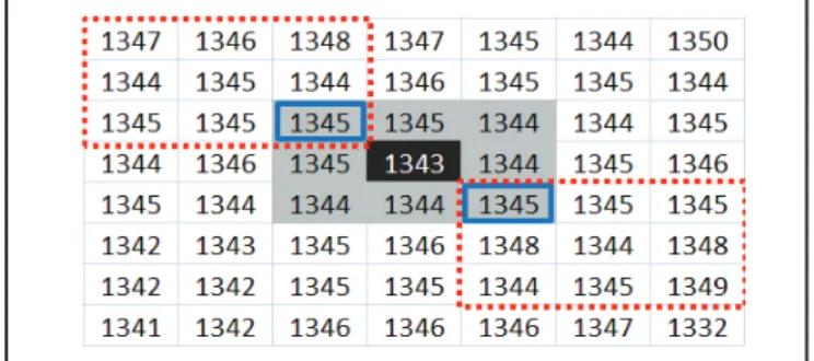 Figure 4 - 3 x 3 window to calculate the function h( n ) at diagonal  upper left and diagonal lower right neighboring cells
