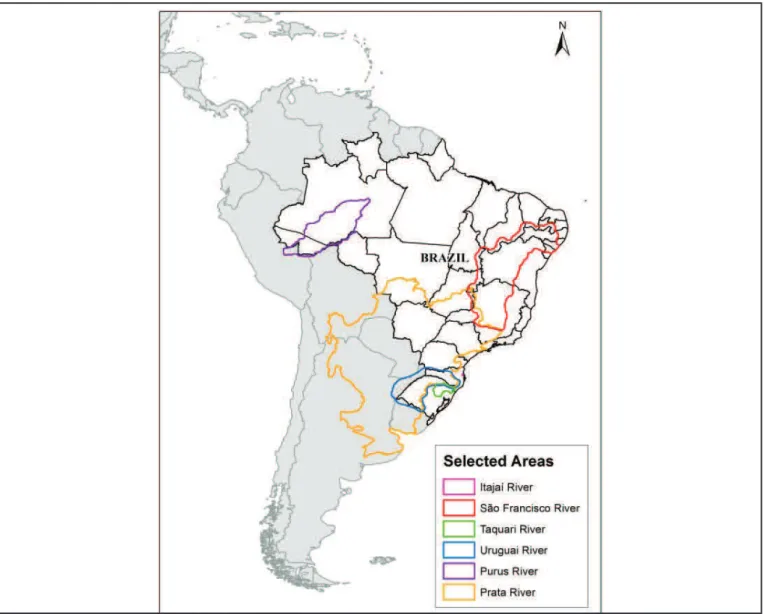 Figure 6 – Location of  the selected areas (in relation to South America and Brazil) for testing IPH-Hydro Tools