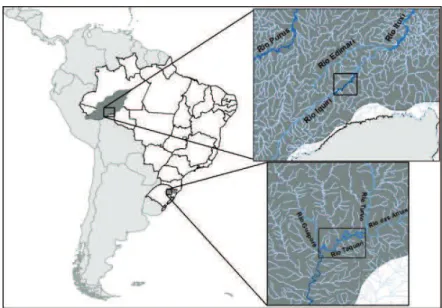 Figure 7 – Location of  river segments over Iquiri River (top) and Taquari River (bottom) for drainage quality comparison