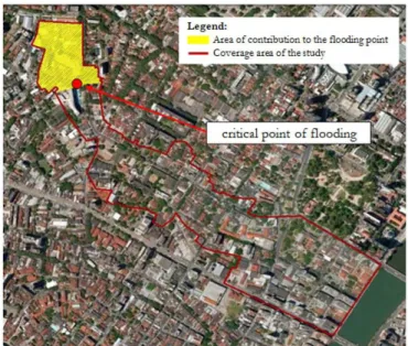 Figure 1 illustrates an area of  contribution to the looding  point and the coverage area of the study, deined from the drainage  system belonging to the main system of  the studied area up to its  discharge at Capibaribe River.