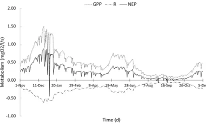 Figure 12. Linear regression applied to the metabolic rates of  GPP and R and the concentration of  detritus estimated in the reservoir.