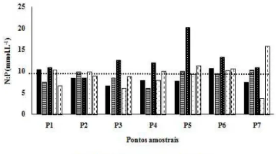 Figure 6. N:P ratio of  the sediment (mmol.g –1 ), at all points  and sampling dates. The dotted line deines the value of  10,  indicating limited by nitrogen or phosphorus