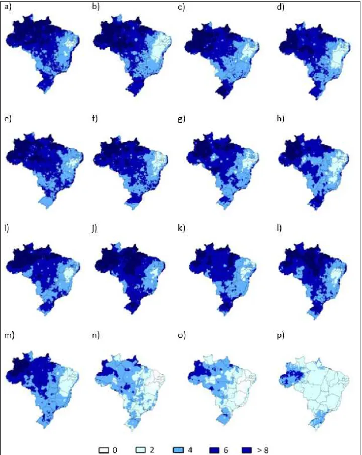 Figure 1. Spatial-temporal distribution of  the mean annual rainfall observed (mm/day) in Brazil during the period: a) 2000, b) 2001,  c) 2002, d) 2003, e) 2004, f) 2006, g) 2007, h) 2008, i) 2009, j) 2010, k) 2011, l) 2012, m) 2013, n) 2014, o) 2015, p) 2