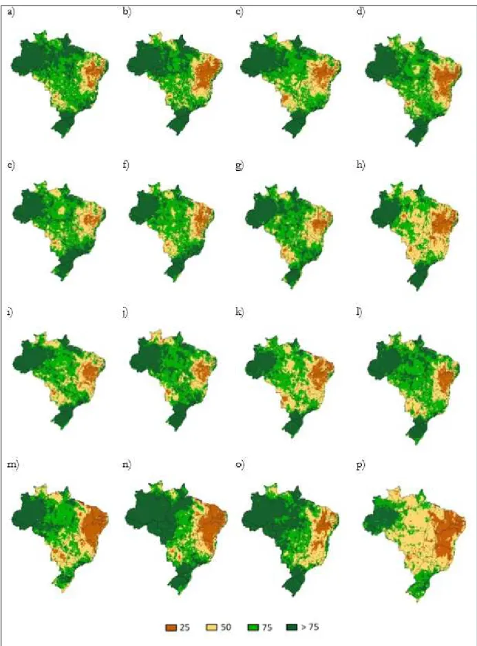Figure 2. Spatial-temporal distribution of  the soil water storage (mm) in Brazil during the period: a) 2000, b) 2001, c) 2002, d) 2003,  e) 2004, f) 2006, g) 2007, h) 2008, i) 2009, j) 2010, k) 2011, l) 2012, m) 2013, n) 2014, o) 2015, p) 2016