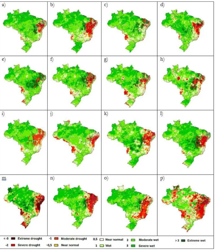 Figure 3. Spatial-temporal distribution of  Palmer Drought Severity Index (PDSI) in the Brazil during the period a) 2000, b) 2001,  c) 2002, d) 2003, e) 2004, f) 2006, g) 2007, h) 2008, i) 2009, j) 2010, k) 2011, l) 2012, m) 2013, n) 2014, o) 2015, p) 2016