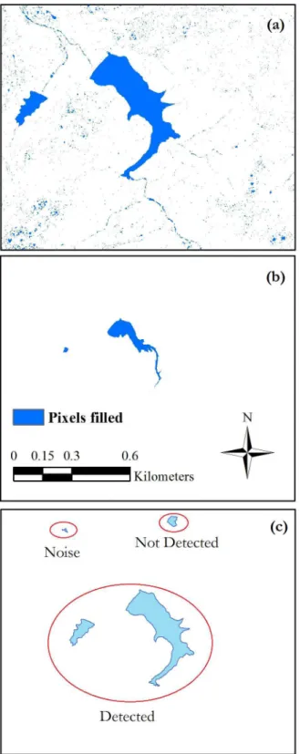 Figure 5. Result of  the subtraction of  the original DTM Lidar  from  the illed DTM Lidar  (a), after the reclassiication with application of   threshold (b) and examples of  reservoirs detected, not detected 