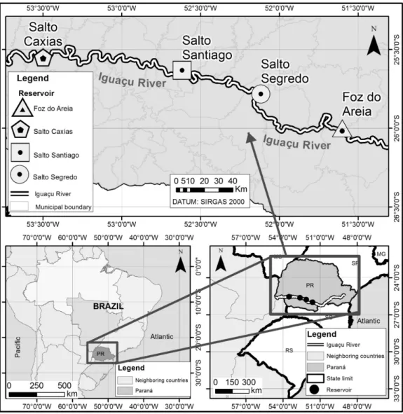 Figure 1. Localization map of Foz do Areia, Salto Segredo, Salto Santiago and Salto Caxias reservoirs in the Iguazu River, Paraná, Brazil.