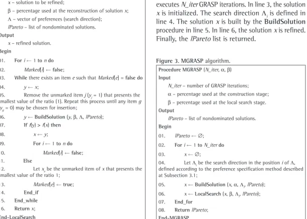 Figure 3 presents the proposed MGRASP algorithm,  which receives as input parameters the number of  iterations (N_iter), the percentage α used at the  construction phase and the percentage β used at  the local search phase
