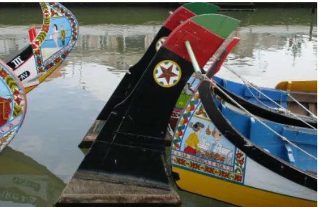 Fig. 6: Barco de Pesca da Xávega, Furadouro. Fig. 7: Barcos Moliceiros com os seus padrões  coloridos