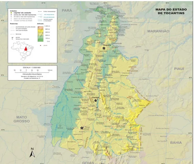 Figura 1: MAPA 1 – Localização de Gurupi (sul), Palmas (centro) e Araguaína (norte). 