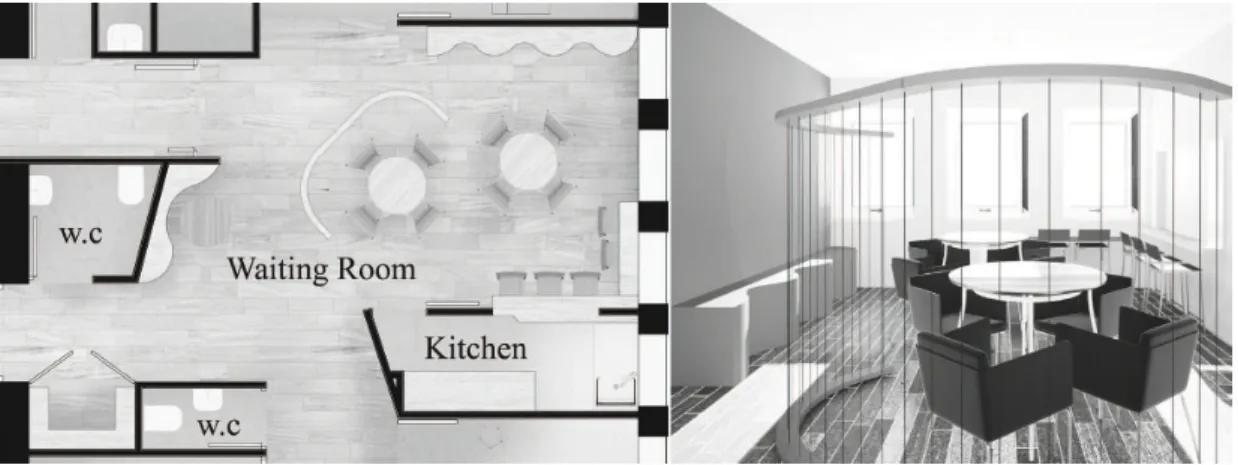 Figure 4. Plan and perspective of the waiting room with the bar-style kitchen.