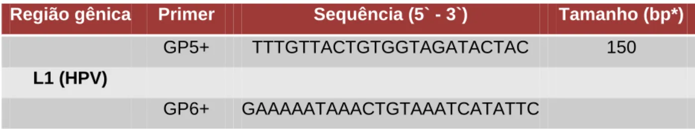 Tabela 3 – Tabela com as sequências gênicas dos primers GP5+/6+ utilizados no PCR secundário  para verificação da presença de HPV  pela amplificação da  sequência gênica conservada L1