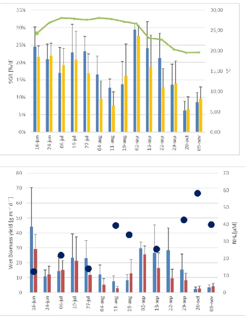 Figure  3.3a.  Variation  of  specific  growth  rate  (SGR)  (at  right)  of  Ulva  sp