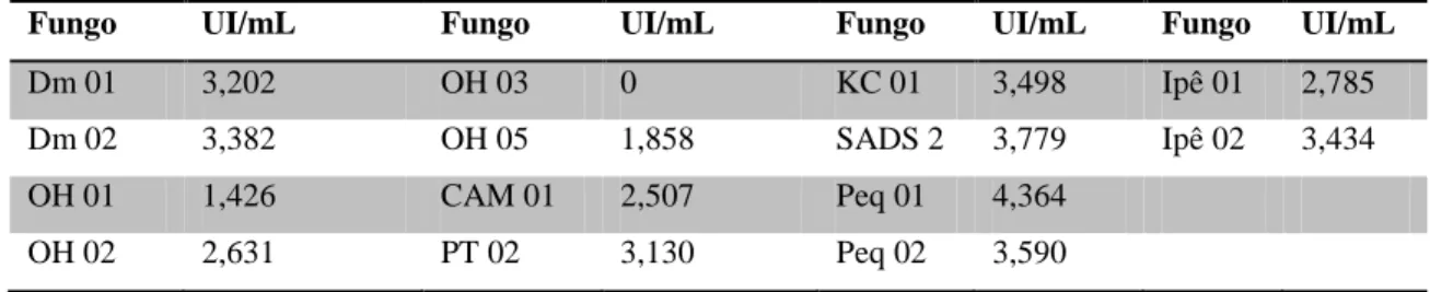 Tabela  5  -  Fungos  do  Cerrado  cultivados  em  SF  por  7  dias,  28 ºC  e 120  rpm  e  valores  da  atividade  de  mananase medidos em UI/mL