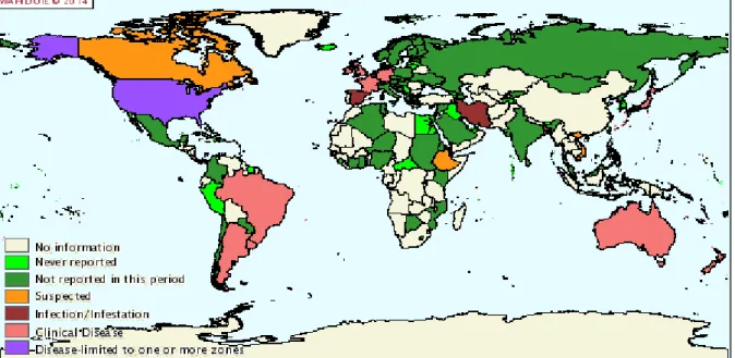 Figura 1. Distribuição geográfica da Campilobacteriose Genital Bovina entre Janeiro e Junho de 2013  (Fonte: WAHID, 2014)