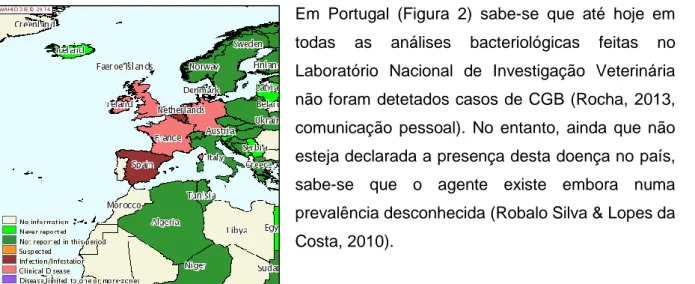 Figura 2. Distribuição geográfica da Campilobacteriose Genital Bovina na Europa Ocidental entre Janeiro  e Junho de 2013 (Fonte: WAHID, 2014)