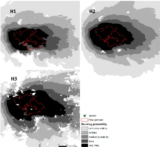 Fig. 21 – Fire spread simulations for HSTM(H1), HCM1(H2) and HCM2(H3) are  presented in grey shading according to burning probability