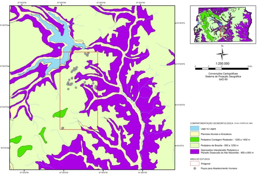 Figura 2.7: Mapa geomorfológico da área de estudos. Modificado de CODEPLAN, 1984.  