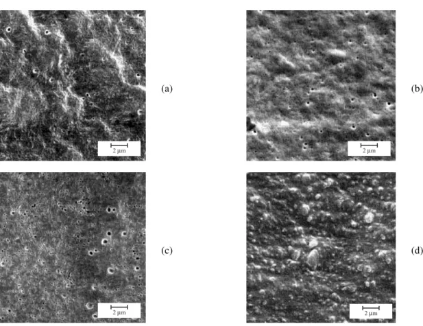 Figura 7. Micrografias dos sistemas HDPE/EOC20: (a) 10% de EOC20, (b) 20% de EOC20, (c) 40% de EOC20, (d) 80% de EOC20