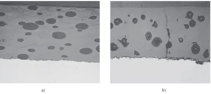 Figura 4. Fotomicrografias, em MO, das seções transversais dos recobrimentos de PET produzidos a partir: (a) do pó fornecido pela Recipet, (b) do pó produzido na moagem 3