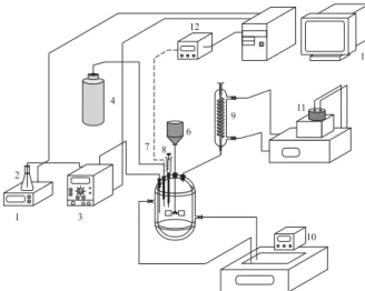 Figura 1. Ilustração do módulo experimental usado. (1) balança (Helmac 1000), (2) Frasco com monômero a ser alimentado, (3) Bomba (Gamma/