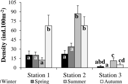 Fig. 3.4 Comparisons on the densities (mean ± SE) of the shore crab  Carcinus  maenas between seasons in each sampling station of the lower Minho estuary,  NW  Iberian  Peninsula