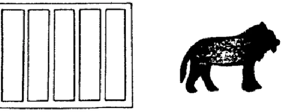 Figura 7.4.6: Uma possível representação de imagens no sinoptoforo. A imagem da jaula (á esquerda) é  apresentada somente no olho esquerdo (OE) do paciente, enquanto que a imagem do leão (á direita) é  apresentada somente no olho direito (OD) do paciente (