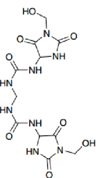 Figura 4 – Estrutura química da imidazolidinil ureia (4-hidroximetil-2,5-dioxo-imidazolidin-4-il- (4-hidroximetil-2,5-dioxo-imidazolidin-4-il-ureia)
