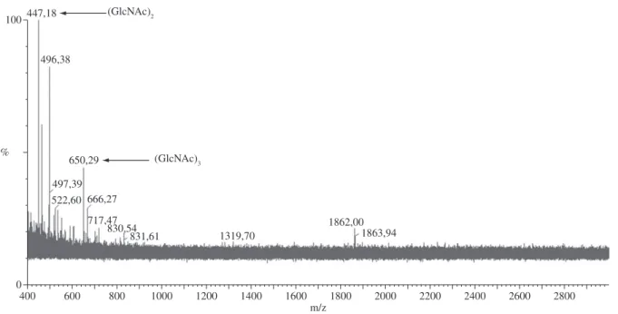 Figura 3. Espectro de massas do hidrolisado da quitina coloidal pela preparação comercial de papaína obtido após 15 min a 37 °C (região de m/z entre 400  a 2800)