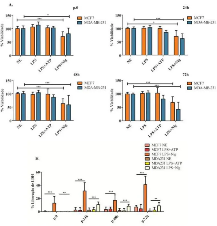 Figura 8. Redução na viabilidade celular e liberação de conteúdo citoplasmático de células de adenocarcinoma  mamário pela estimulação com agonistas do inflamassoma NLRP3 em p.0, 24h, 48h e 72h