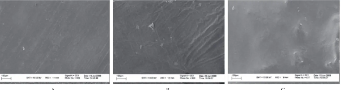 Figura 6. Micrografia de SEM das amostras A 0  (PCL puro), B 0  (PCL/fibra de coco 35 mesh) e C 0  (PCL /fibra de coco verde 35 mesh tratada) antes do teste  de biodegradabilidade - aumento de 500×.