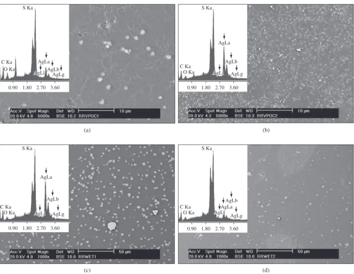 Figure 1. SEM and EDS results of the impregnated silver nanoparticles in the different final composites: a) VPOC1; b) VPOC2; c) WET1; d) WET2.