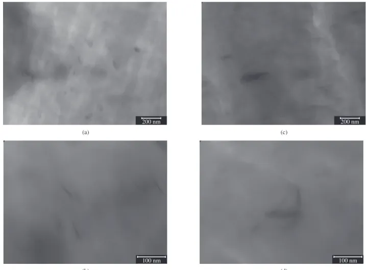 Figura 5. Fotomicrografia de MET para o nanocompósitos a) e b) com 5% de argila: nano5; c) e d) com 7,5% de argila: nano6.