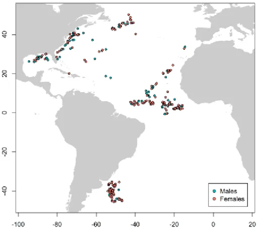 Figure 1. Map with the location of the SMA vertebrae samples currently available for the age and growth study
