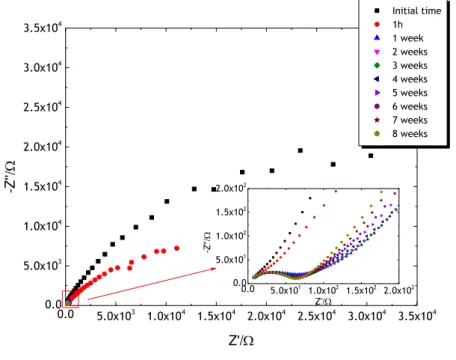 Figure 14 - Nyquist diagram for an A M  sample with electrolyte aging. Two-electrodes system