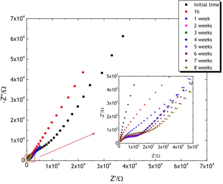 Figure 15 - Nyquist diagram for an A M  sample with product aging. Two-electrodes system