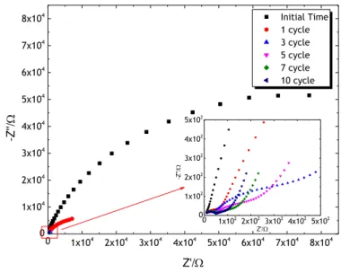 Figure 22 – Nyquist diagram of A M  filled with electrolyte ,  at initial time and after 10 AC-DC- AC-DC-AC cycles