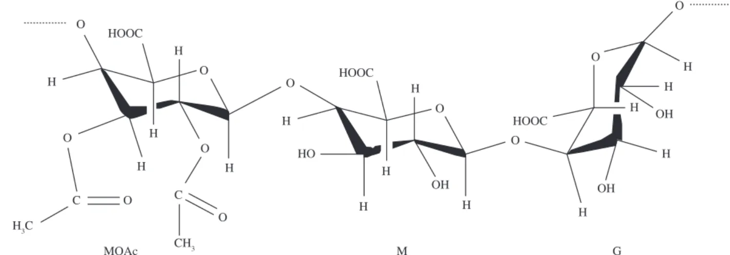 Figura 1. Alginato sintetizado por micro-organismos. MOAc: resíduo manurônico acetilado; M: resíduo manurônico; e G: resíduo gulorônico.